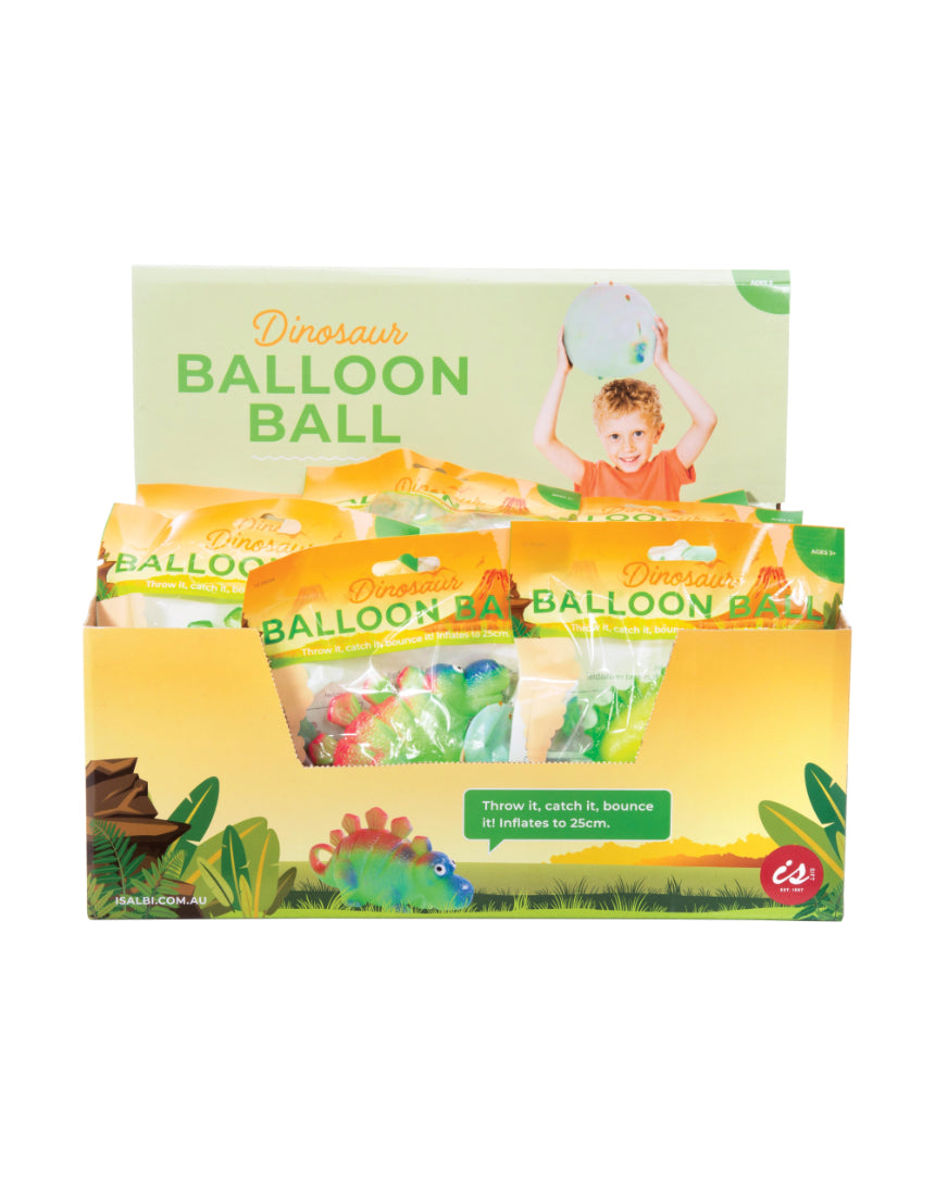 Colorful dinosaur-shaped balloon balls toy by isAlbi, featuring various fun dinosaur designs for kids' play.