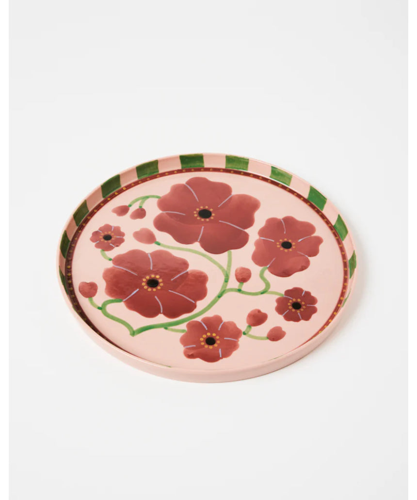 Jones & Co Bloomie platter featuring colorful floral patterns on a ceramic serving platter.