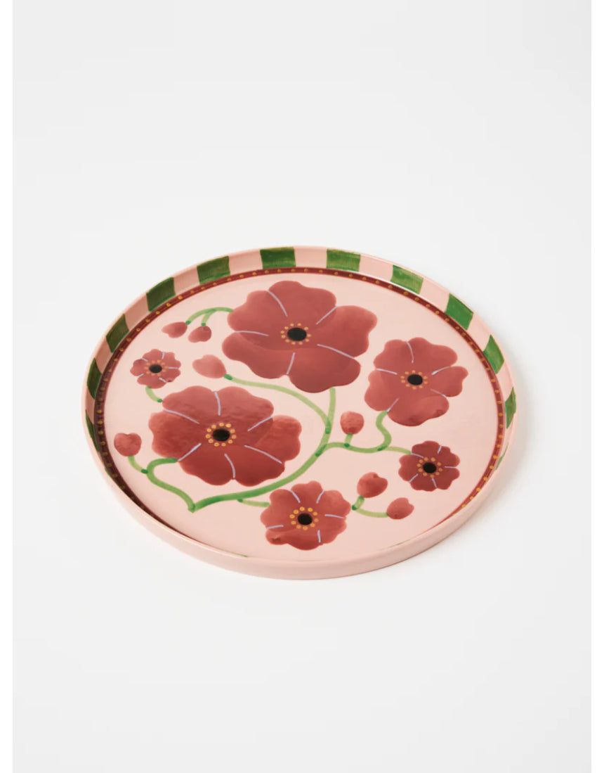 Jones & Co Bloomie platter featuring colorful floral patterns on a ceramic serving platter.