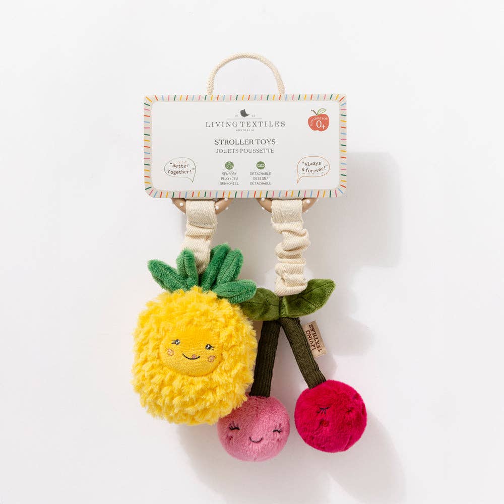 Living Textiles stroller toys featuring a colorful pineapple and cherries plush hanging toy for babies.