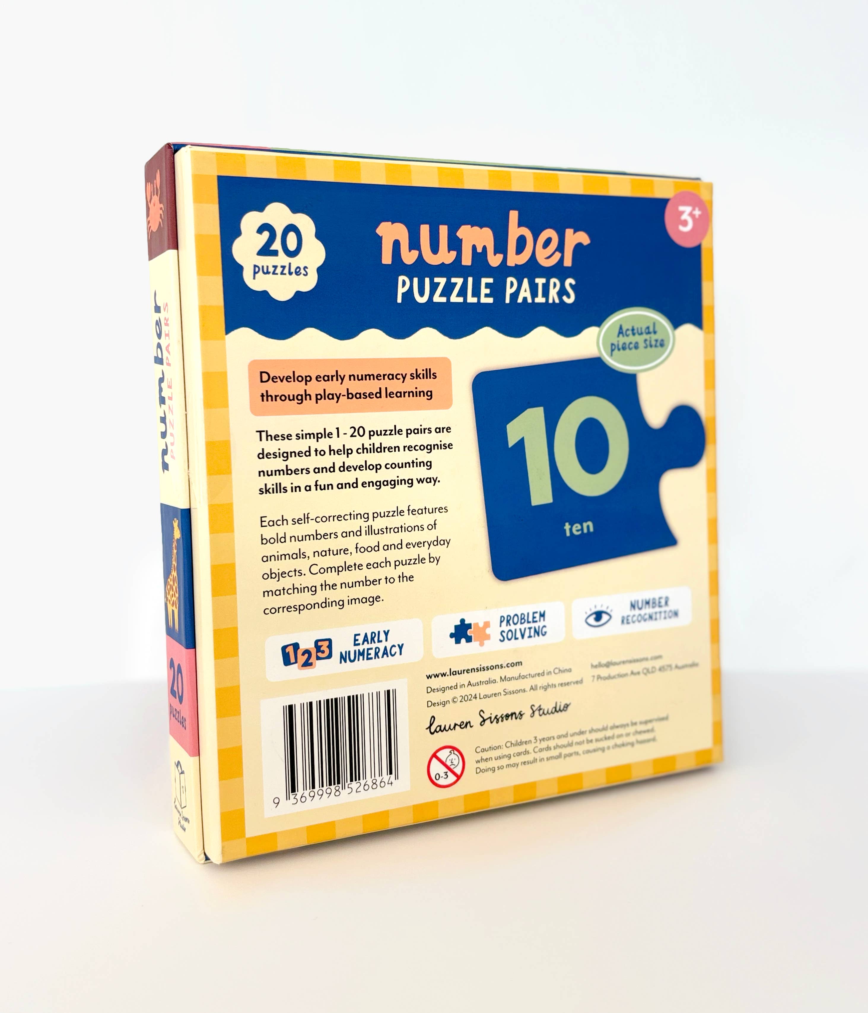 Lauren Sissons Studio Number Puzzle Pairs showcasing colorful, interlocking wooden number pieces for educational play.