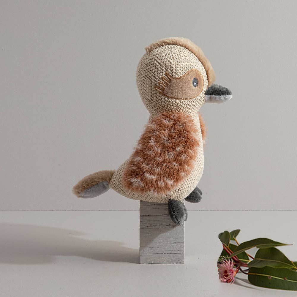 Living Textiles knitted toy Kenny the Kookaburra, soft plush Australian bird with detailed stitching and colorful feathers.
