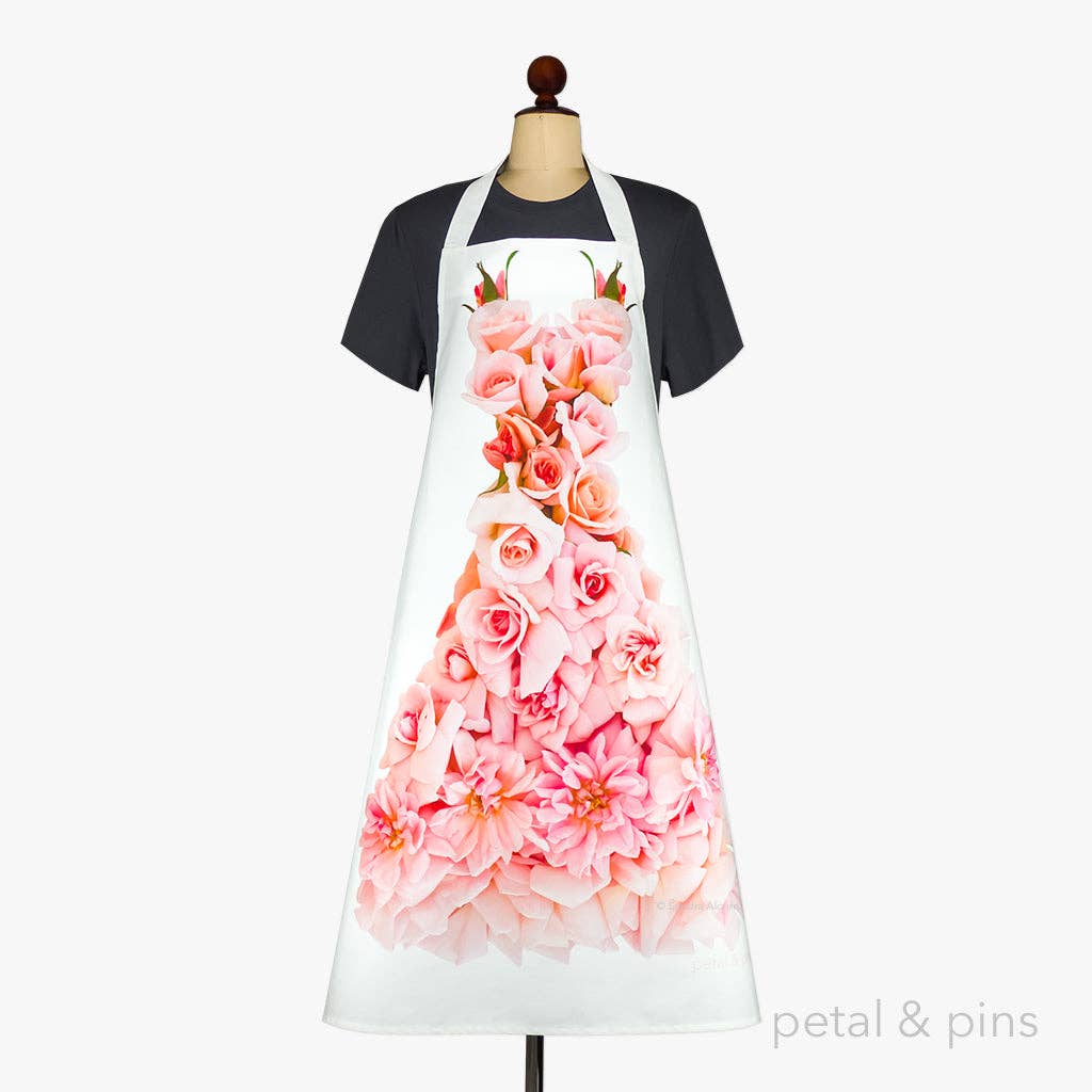 Petal & Pins floral apron featuring a Cécile Brünner rose design, with vibrant rose patterns and adjustable neck strap.