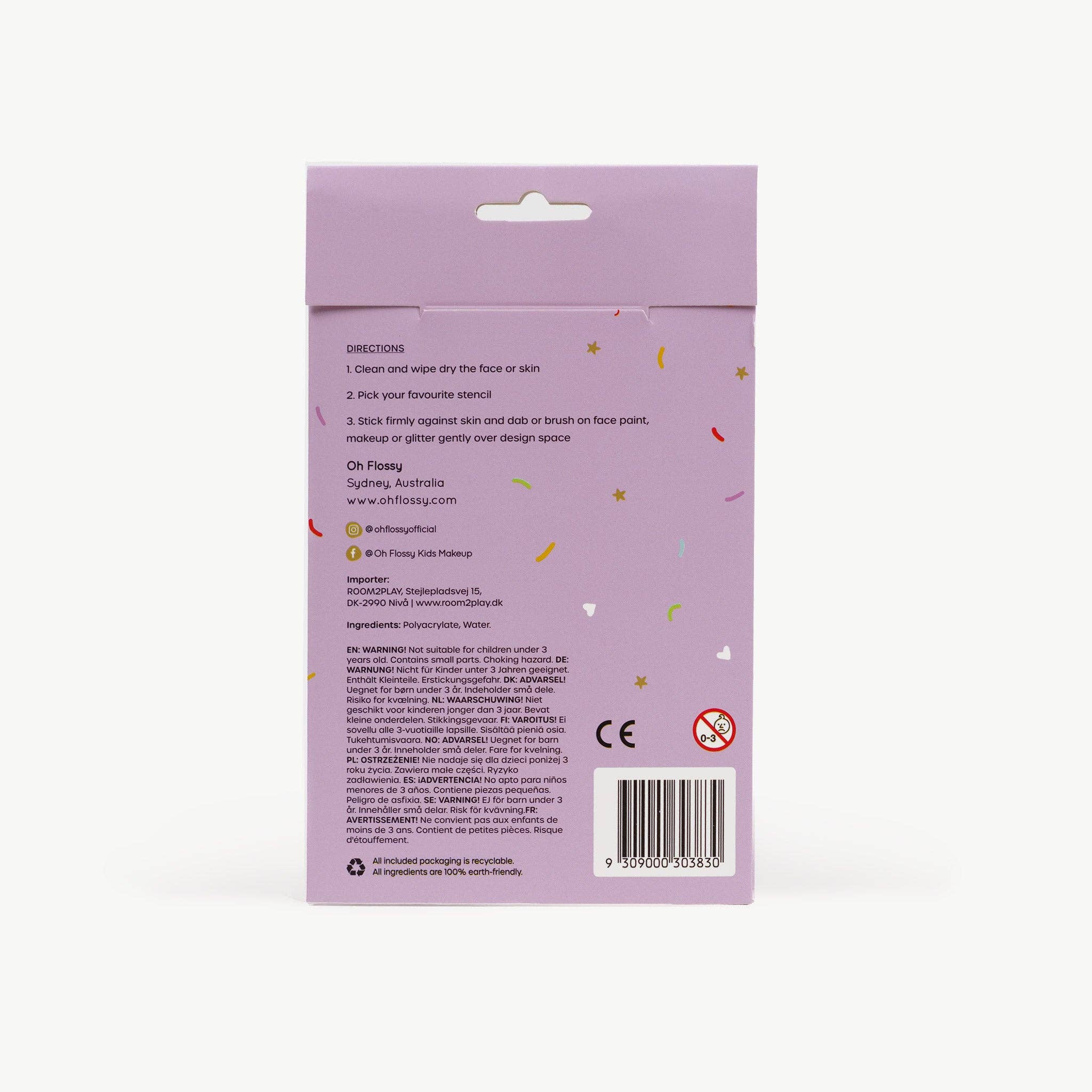 Reusable purple adhesive face paint stencil from Oh Flossy, designed for creative face painting and easy application.
