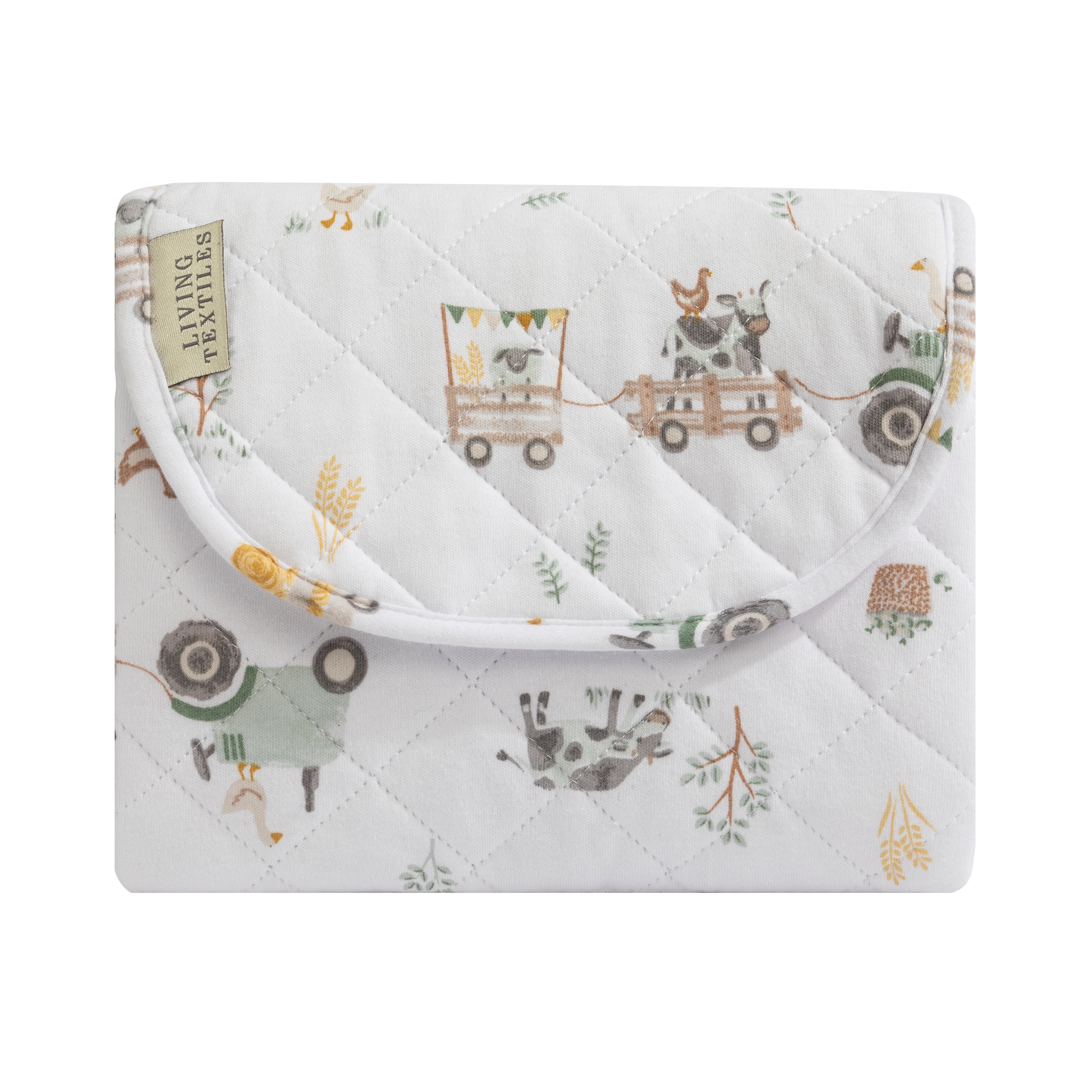 Living Textiles foldable waterproof travel change mat featuring a tractor ride print, ideal for on-the-go diaper changes
