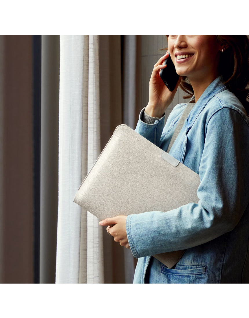 Bellroy 16-inch bronze laptop sleeve with smooth fabric and sleek design, featuring a minimalist style for tech protection.