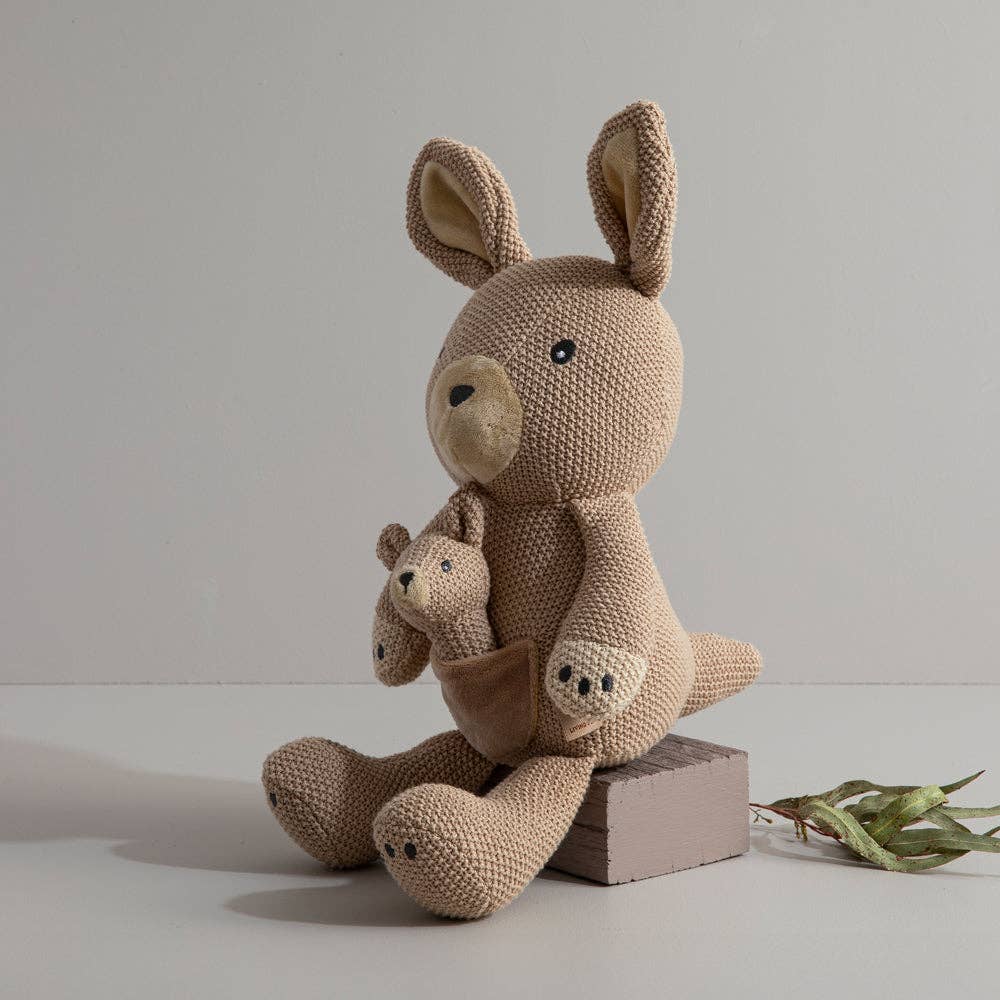 Living Textiles knitted toy of Kylie the Kangaroo, a soft and plush stuffed animal for children.