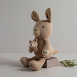Living Textiles knitted toy of Kylie the Kangaroo, a soft and plush stuffed animal for children.