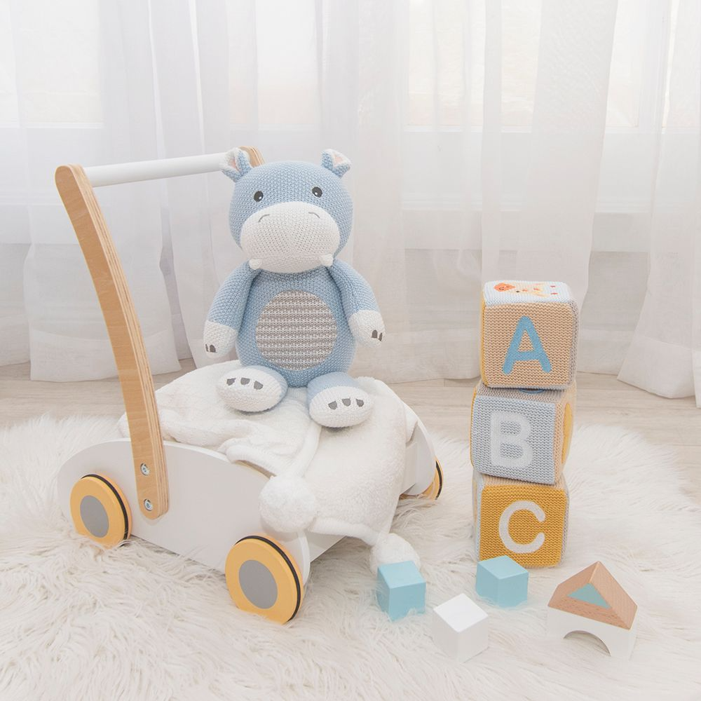 Living Textiles Henry the Hippo knitted toy, soft plush baby toy with detailed stitching and cute hippo design.