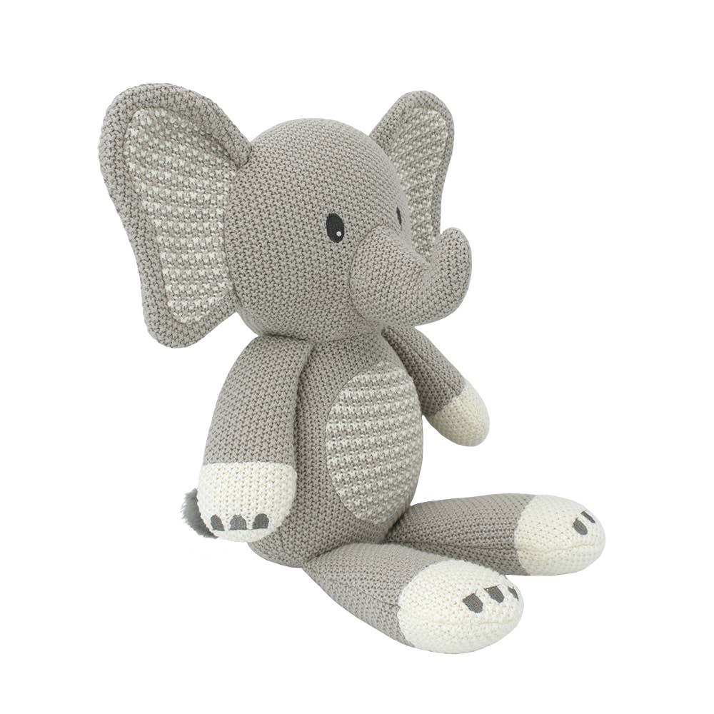 Living Textiles Mason the Elephant knitted toy, soft and colorful plush elephant for children, featuring detailed knitting and friendly expression.