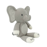 Living Textiles Mason the Elephant knitted toy, soft and colorful plush elephant for children, featuring detailed knitting and friendly expression.