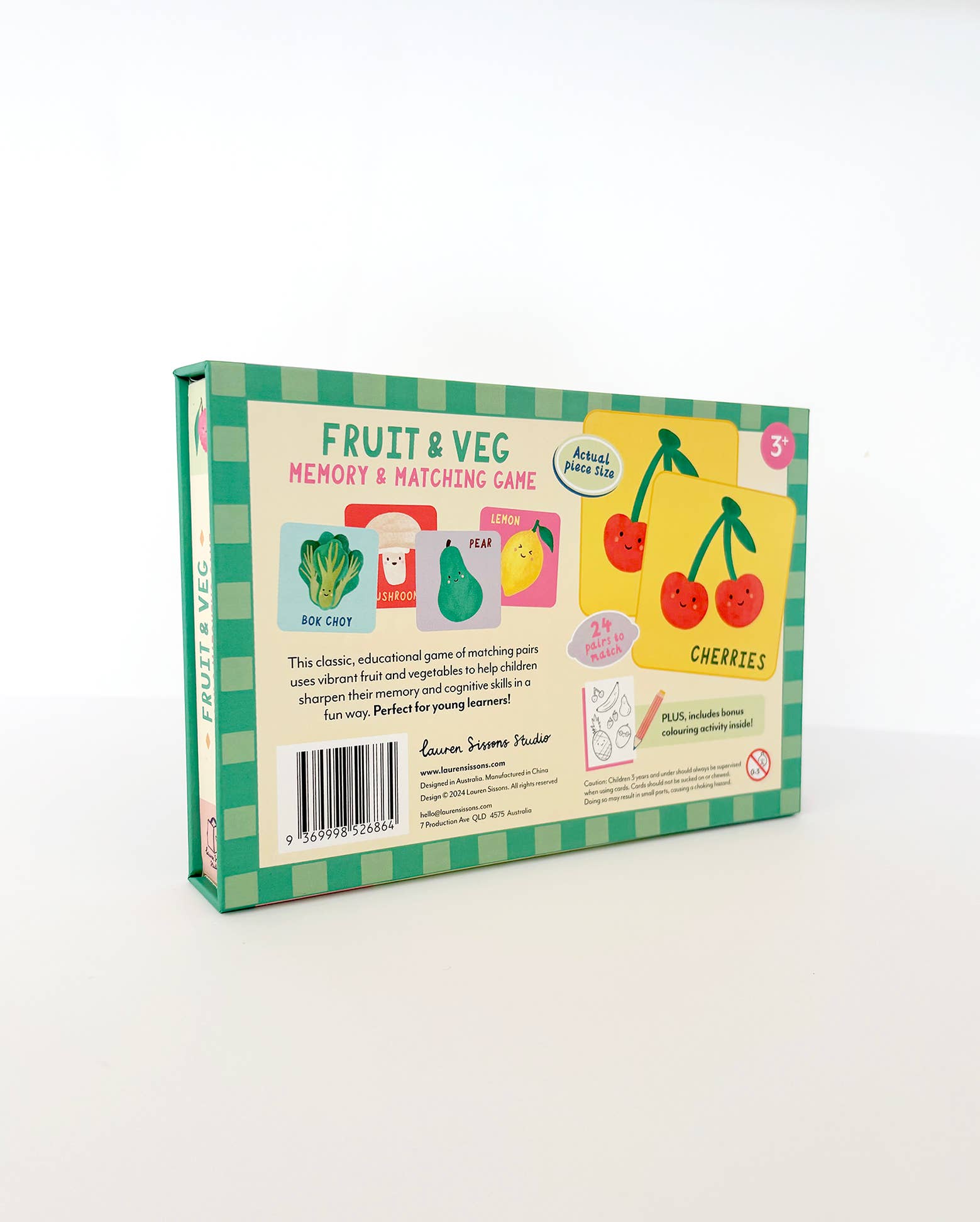 Lauren Sissons Studio fruit and vegetable memory and matching game with colorful illustrated cards for kids.