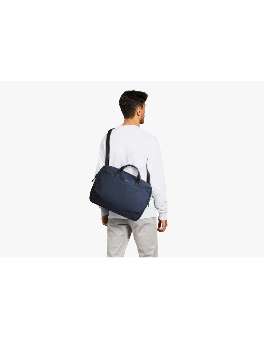 Bellroy Via Work Bag in navy, featuring sleek design with multiple compartments and leather accents for professional use.
