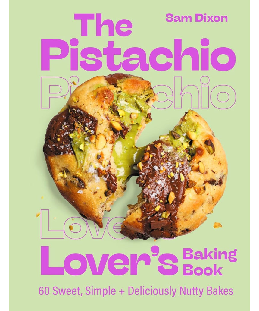 Open baking book by Brumby Sunstate featuring pistachio recipes and images of pistachio desserts and baked goods.