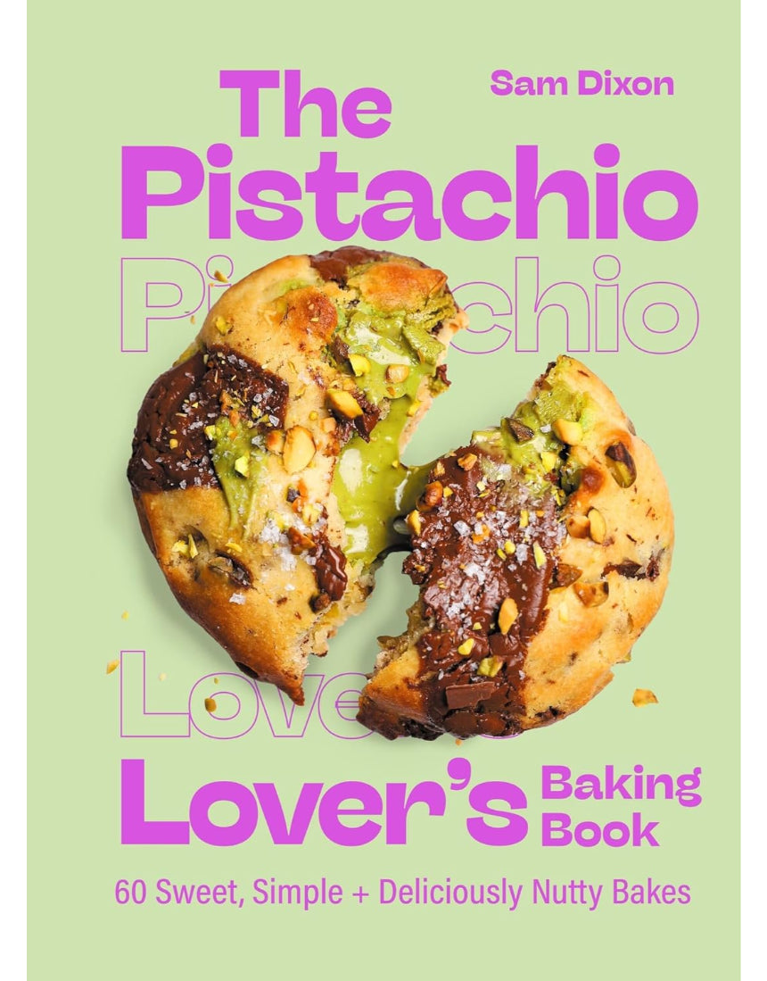 Open baking book by Brumby Sunstate featuring pistachio recipes and images of pistachio desserts and baked goods.