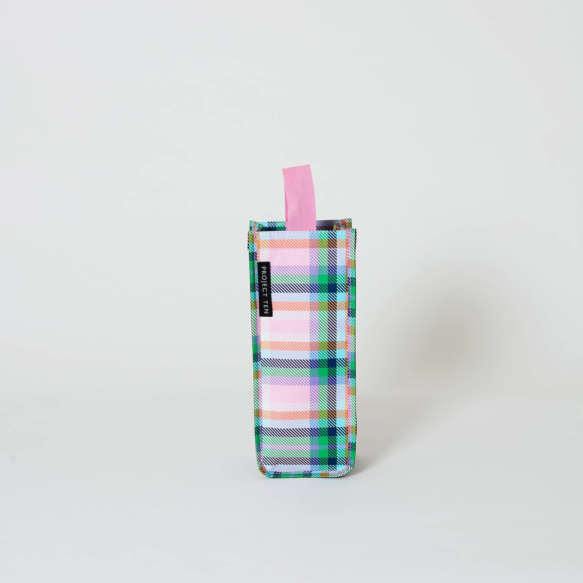 Project Ten plaid wine bag with a classic checkered pattern, ideal for gifting or carrying wine bottles in a stylish way.