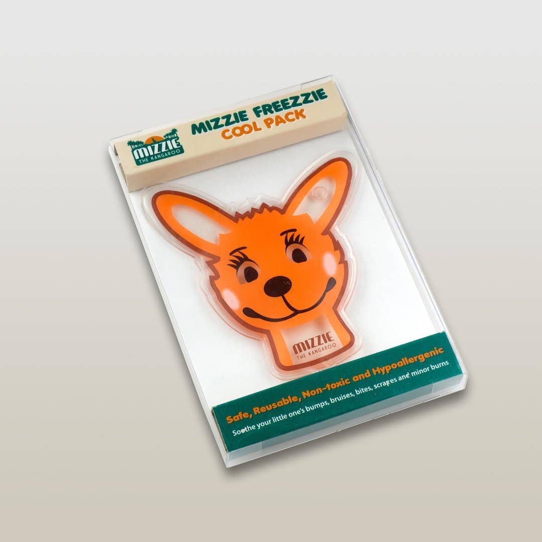 Mizzie the Kangaroo Freezzie Cool Pack showing a plush kangaroo with a cooling gel pack for keeping items cold