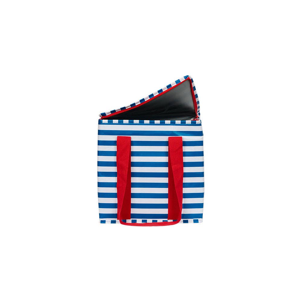 Project Ten Breton stripe insulated tote bag with navy and white horizontal stripes and insulated interior for keeping items cool.