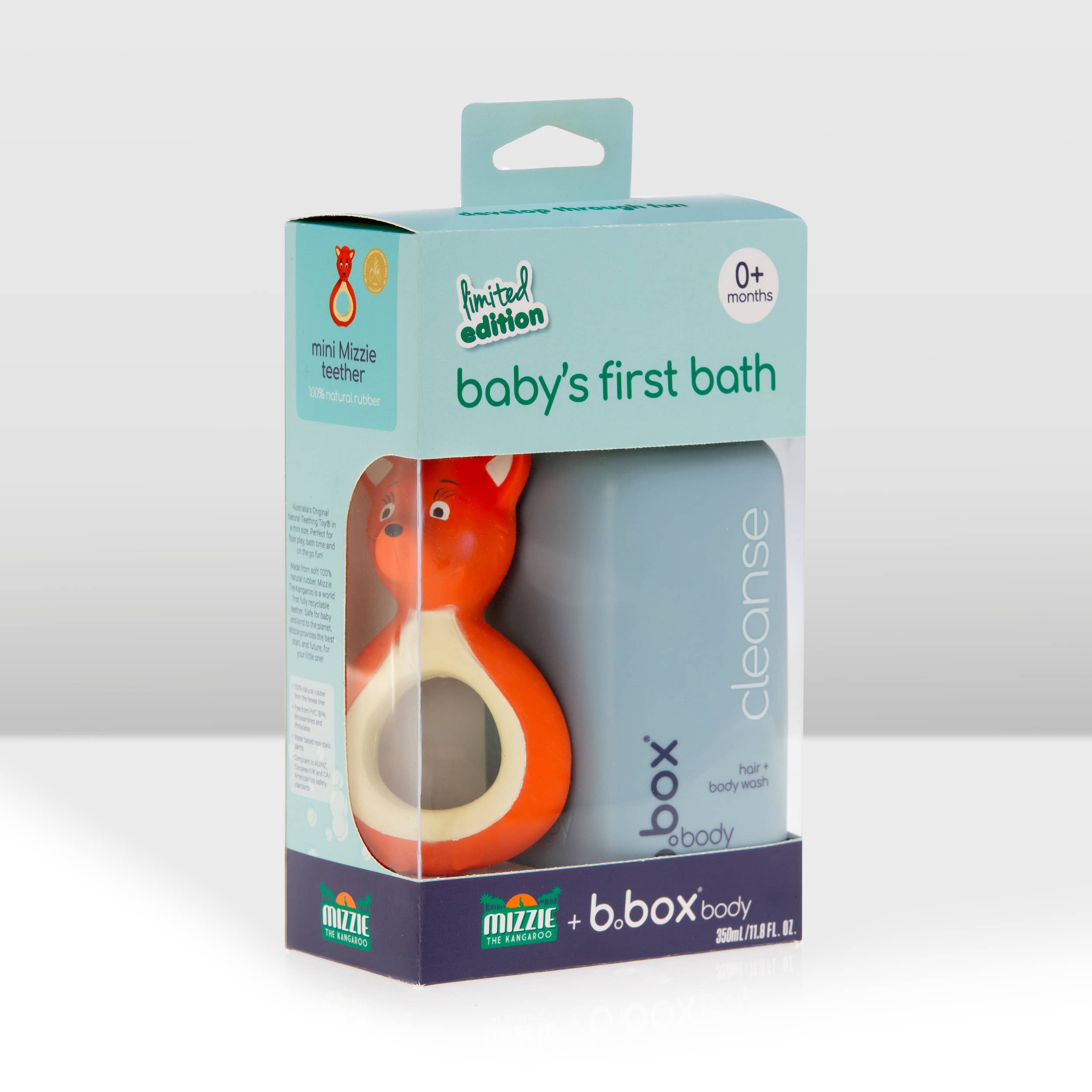 Mizzie the Kangaroo Baby's First Bath Set including gentle bath products and accessories for infants, featuring Mizzie plush toy.