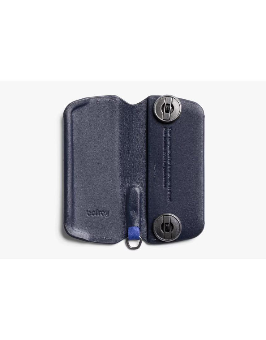 Bellroy Key Cover Plus 3rd Edition in navy, compact leather key holder with multiple key hooks and sleek design.