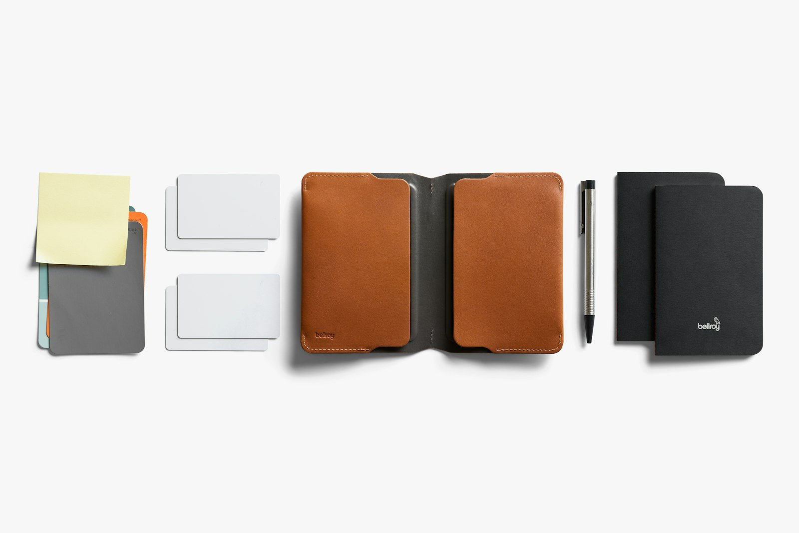 Bellroy notebook cover in caramel leather, showing a sleek, compact design with a smooth texture and subtle stitching details.