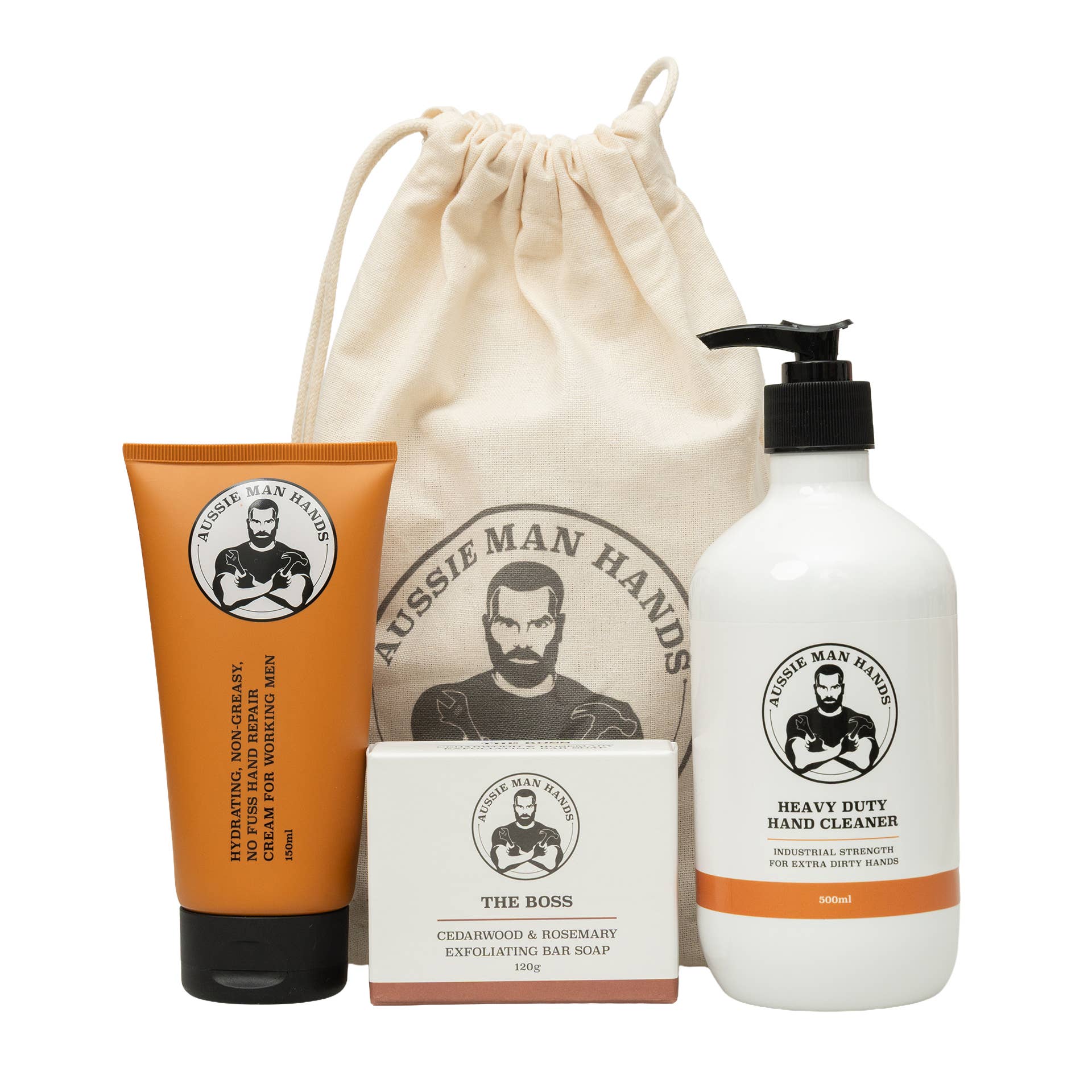 Aussie Man Hands trio gift bundle with three tubes of hand care products in colorful packaging, displayed on a white background.