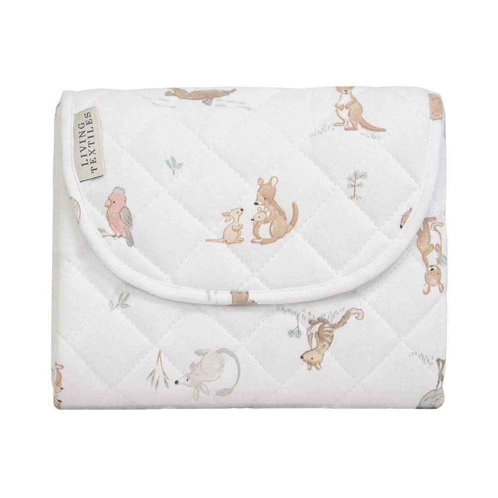Living Textiles waterproof travel change mat featuring Australiana print, soft fabric, and foldable design for convenient diaper changes.