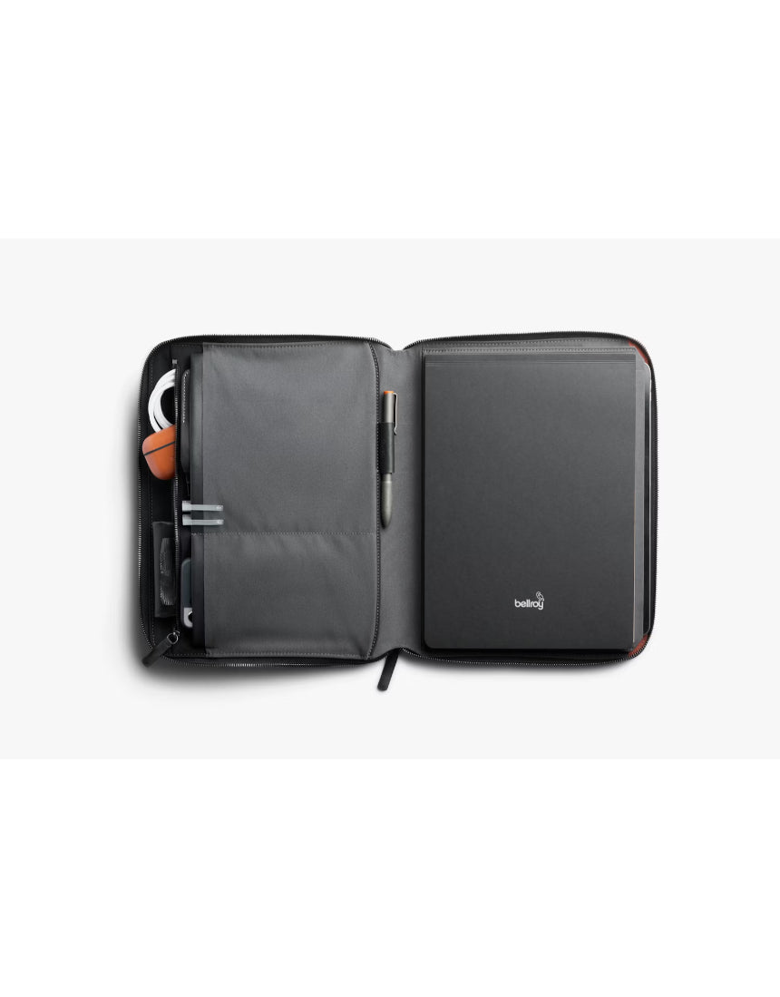 Bellroy Tokyo Folio 12.9 inch Raven leather tablet case with multiple compartments and sleek design.