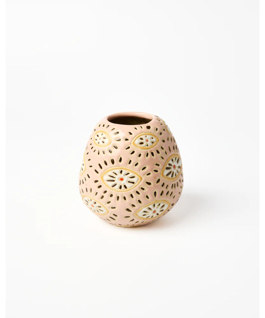 Jones & Co Pollen Vase Pink Eyes featuring a vibrant pink floral design and elegant shape, perfect for decorative floral arrangements.