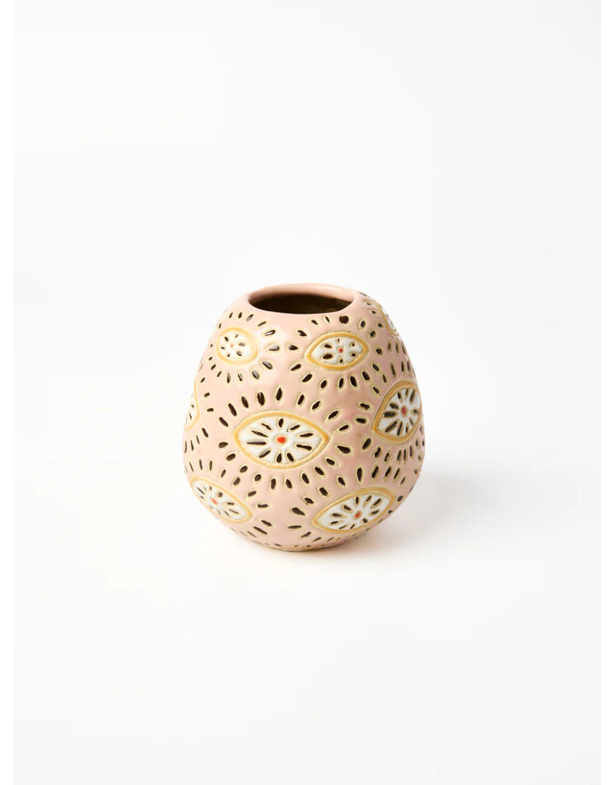 Jones & Co Pollen Vase Pink Eyes featuring a vibrant pink floral design and elegant shape, perfect for decorative floral arrangements.