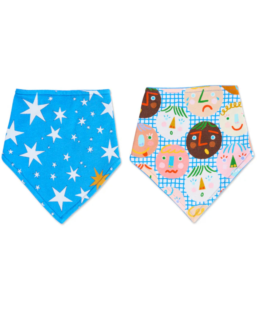 Kip & Co Happy Stars dribble bib set featuring soft fabric with colorful star patterns for babies and toddlers.