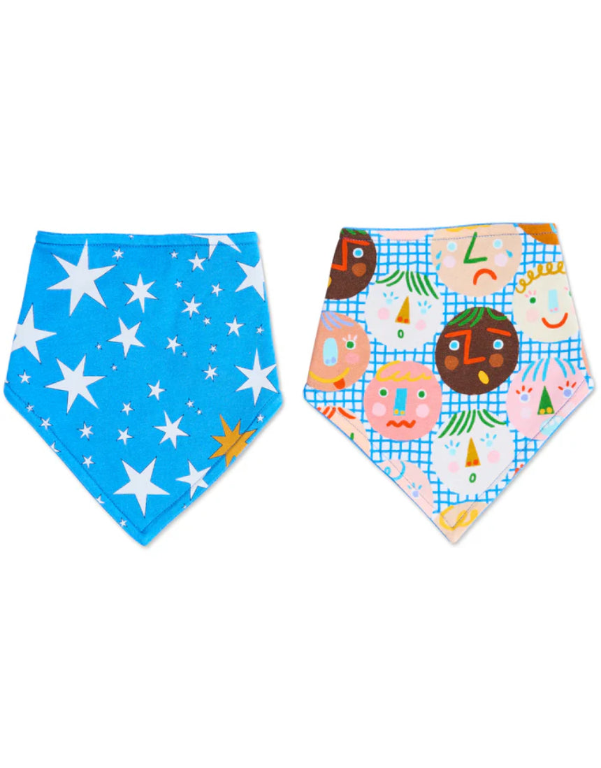 Kip & Co Happy Stars dribble bib set featuring soft fabric with colorful star patterns for babies and toddlers.