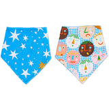 Kip & Co Happy Stars dribble bib set featuring soft fabric with colorful star patterns for babies and toddlers.