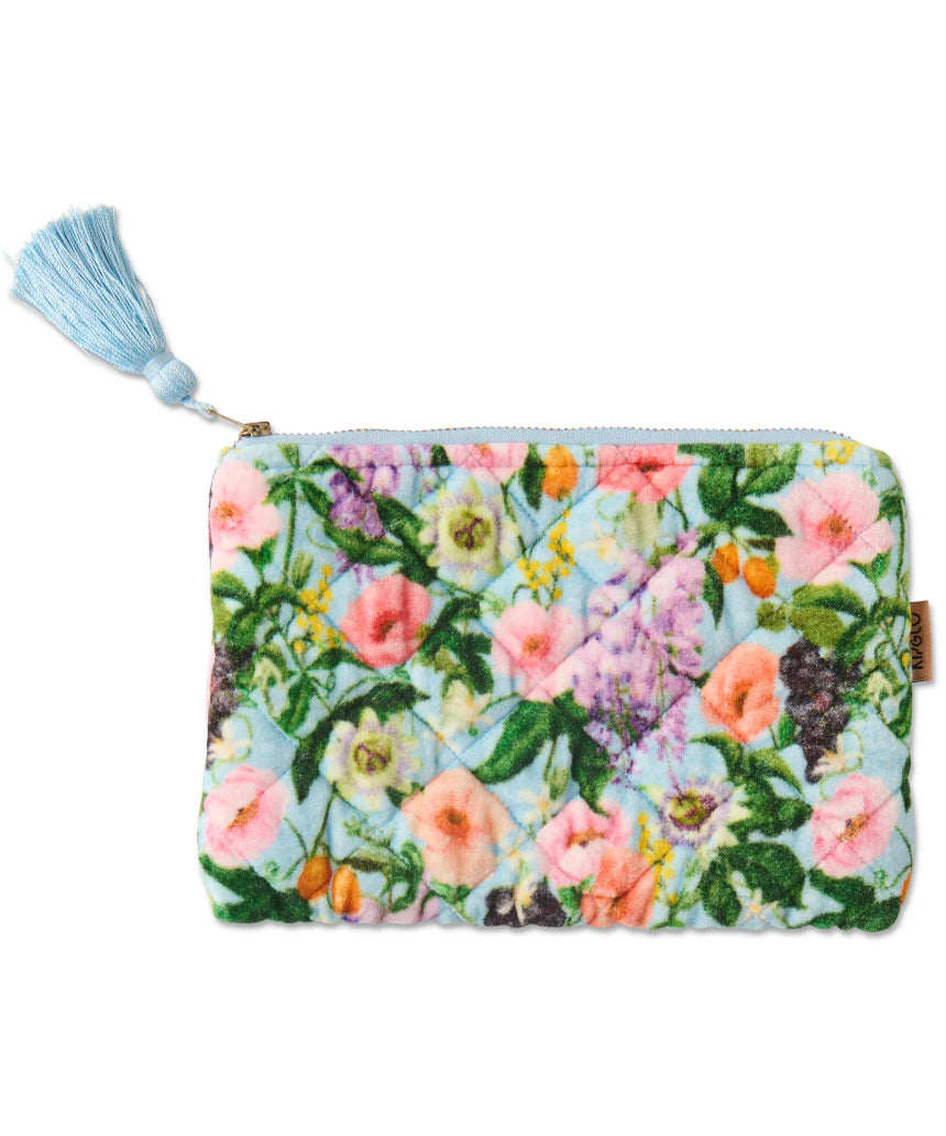 Kip & Co Spring In The Air velvet cosmetic and toiletry purse with floral pattern and zipper closure.