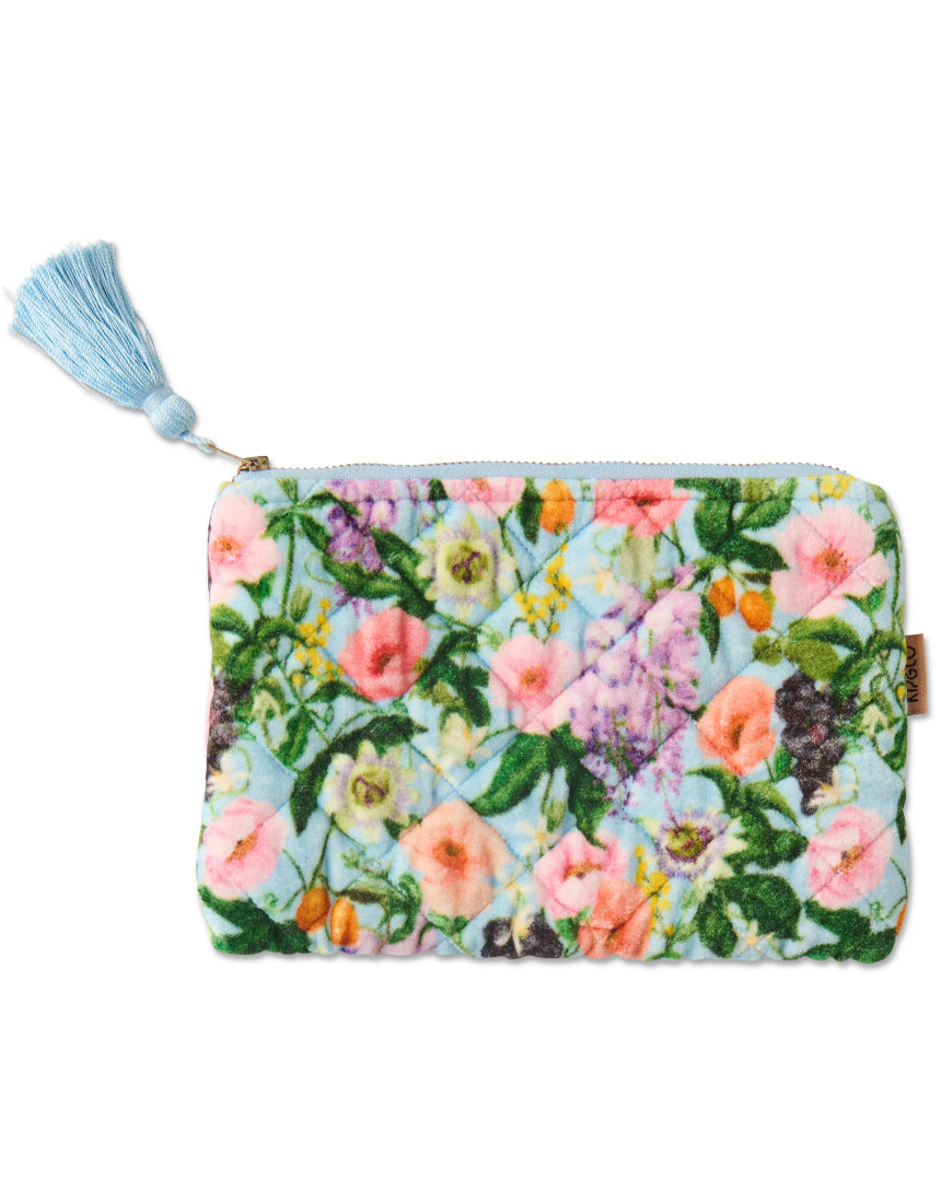 Kip & Co Spring In The Air velvet cosmetic and toiletry purse with floral pattern and zipper closure.