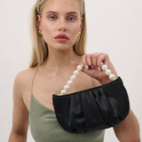 Black Victoria Satin Pearl Strap Bag by Angels Whisper Accessories, featuring elegant satin material and pearl strap details.