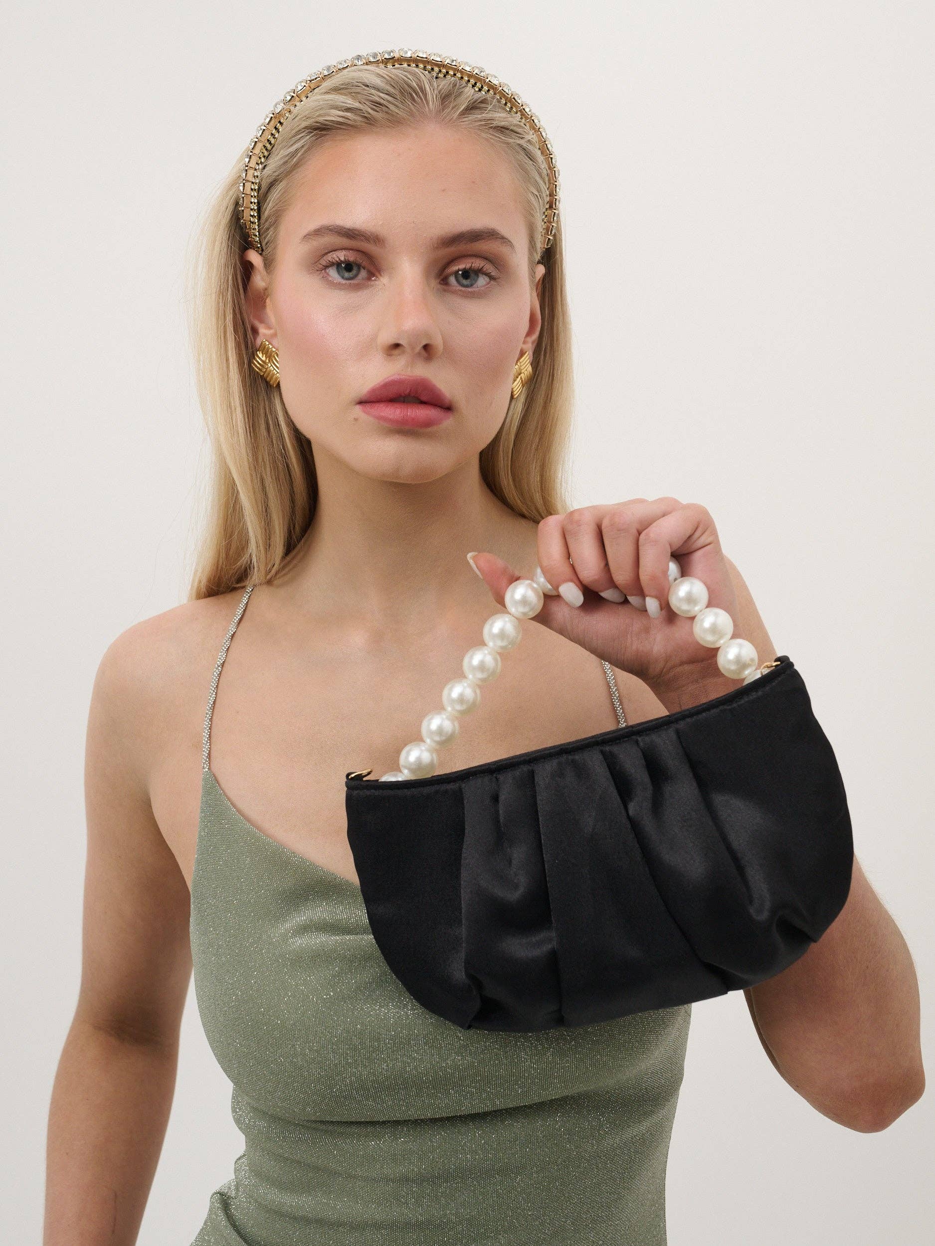 Black Victoria Satin Pearl Strap Bag by Angels Whisper Accessories, featuring elegant satin material and pearl strap details.