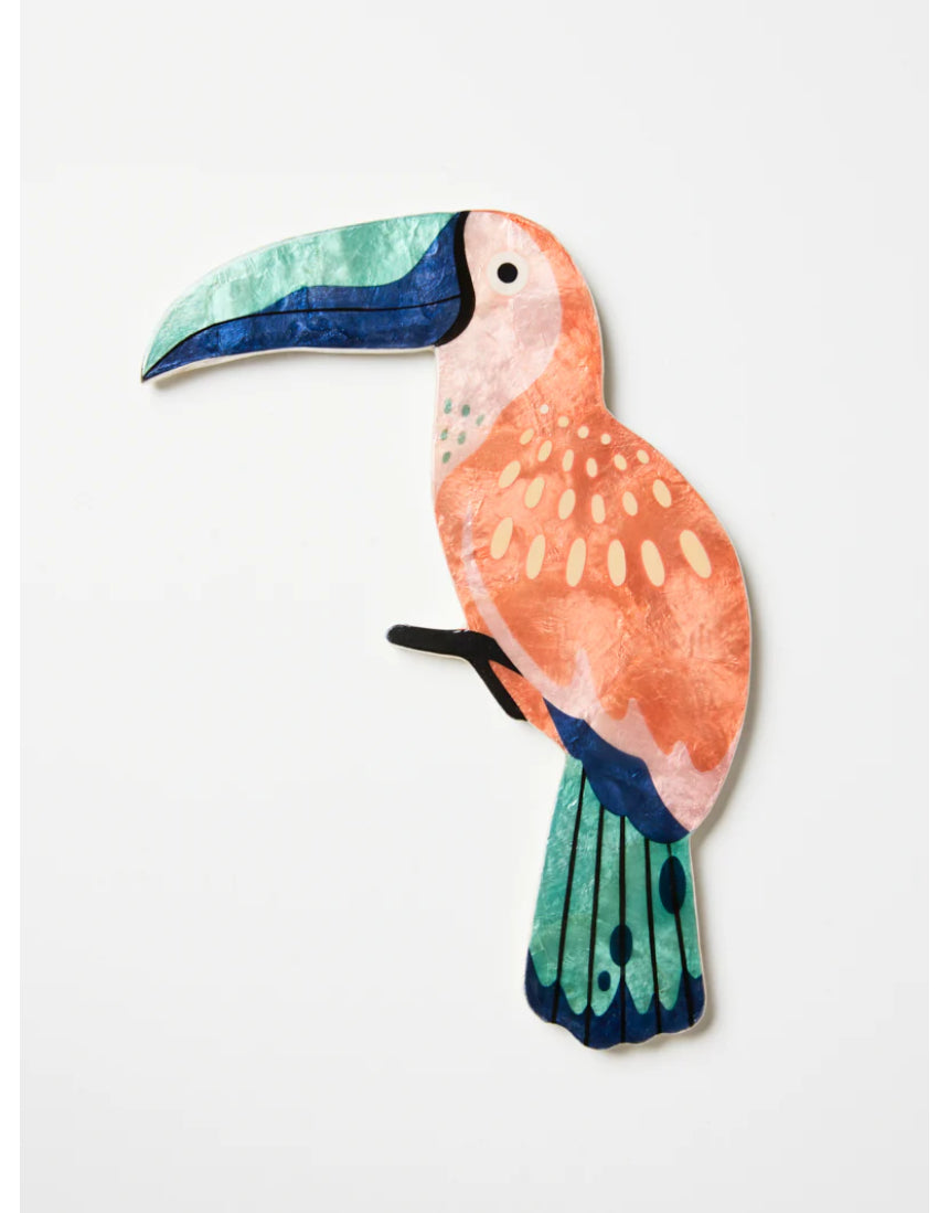 Jones & Co Canopy Toucan Peach wall art featuring a colorful toucan perched among tropical foliage on a peach background.