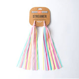 Beep pastel rainbow bike and scooter streamers with colorful fabric ribbons attached to a bicycle handlebar.