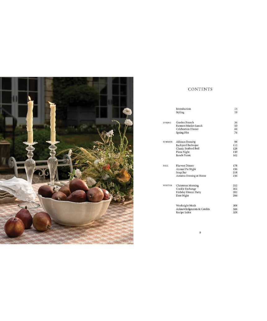 Open book titled "Around the Table Tables and Traditions for Gathering" by Brumby Sunstate, featuring reading pages and cover.