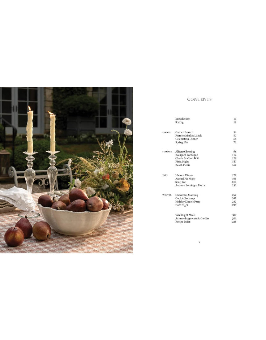 Open book titled "Around the Table Tables and Traditions for Gathering" by Brumby Sunstate, featuring reading pages and cover.