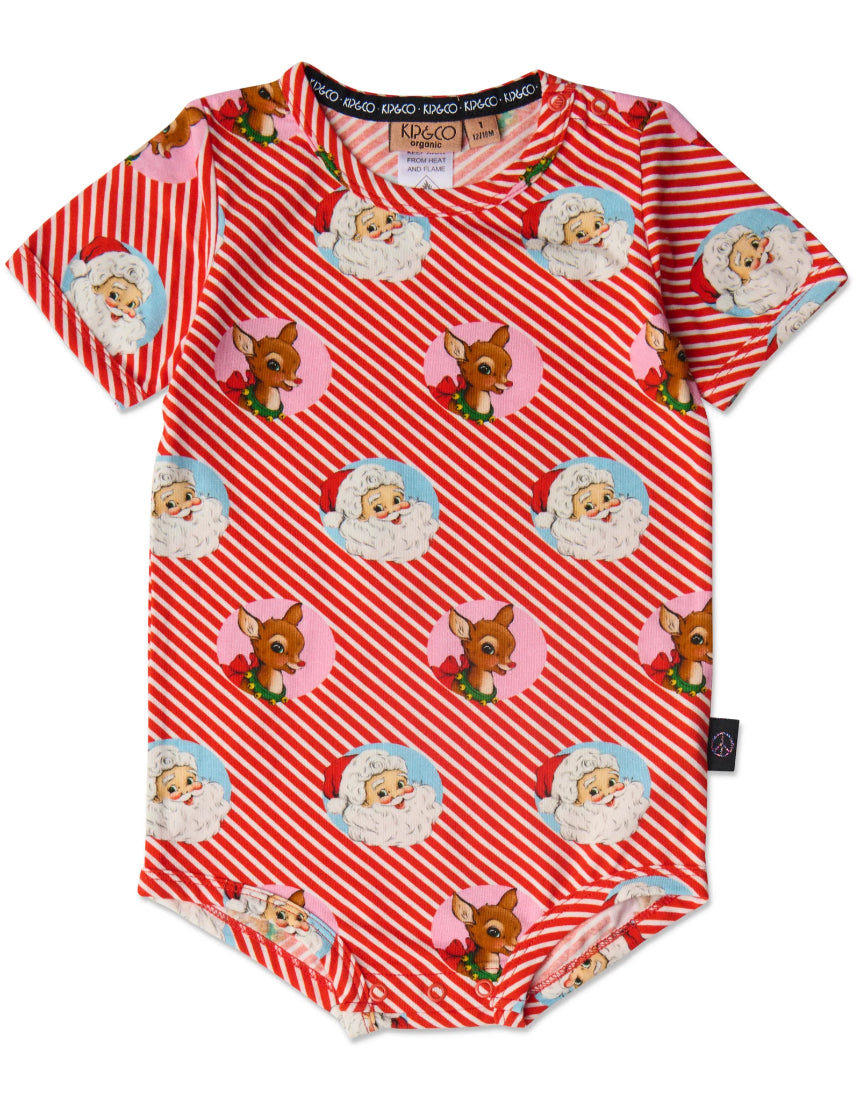 Kip & Co I Love Christmas Spot baby romper in short sleeve, featuring festive red and white holiday print for infants.