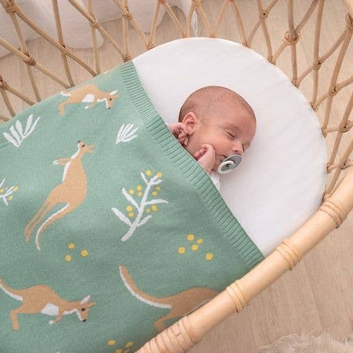 Living Textiles Australiana baby blanket featuring a kangaroo design in green, soft and cozy for infants.