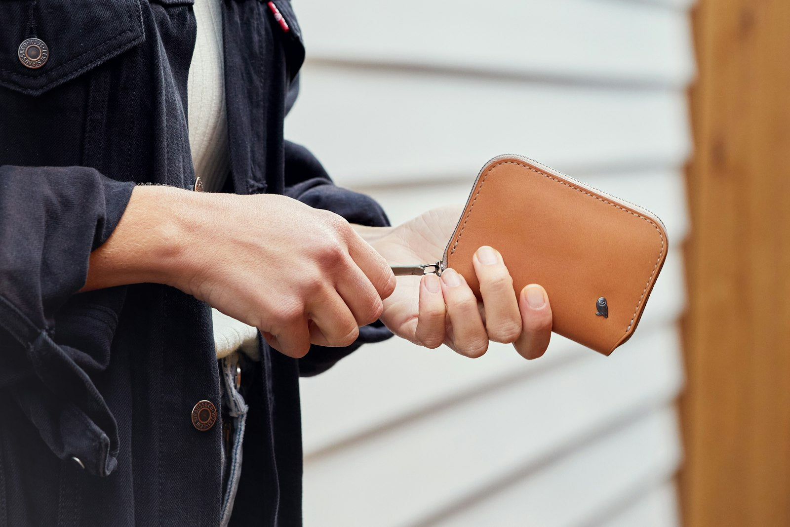 Bellroy Folio Mini wallet in Hazelnut leather showing compact design with card slots and sleek finish.