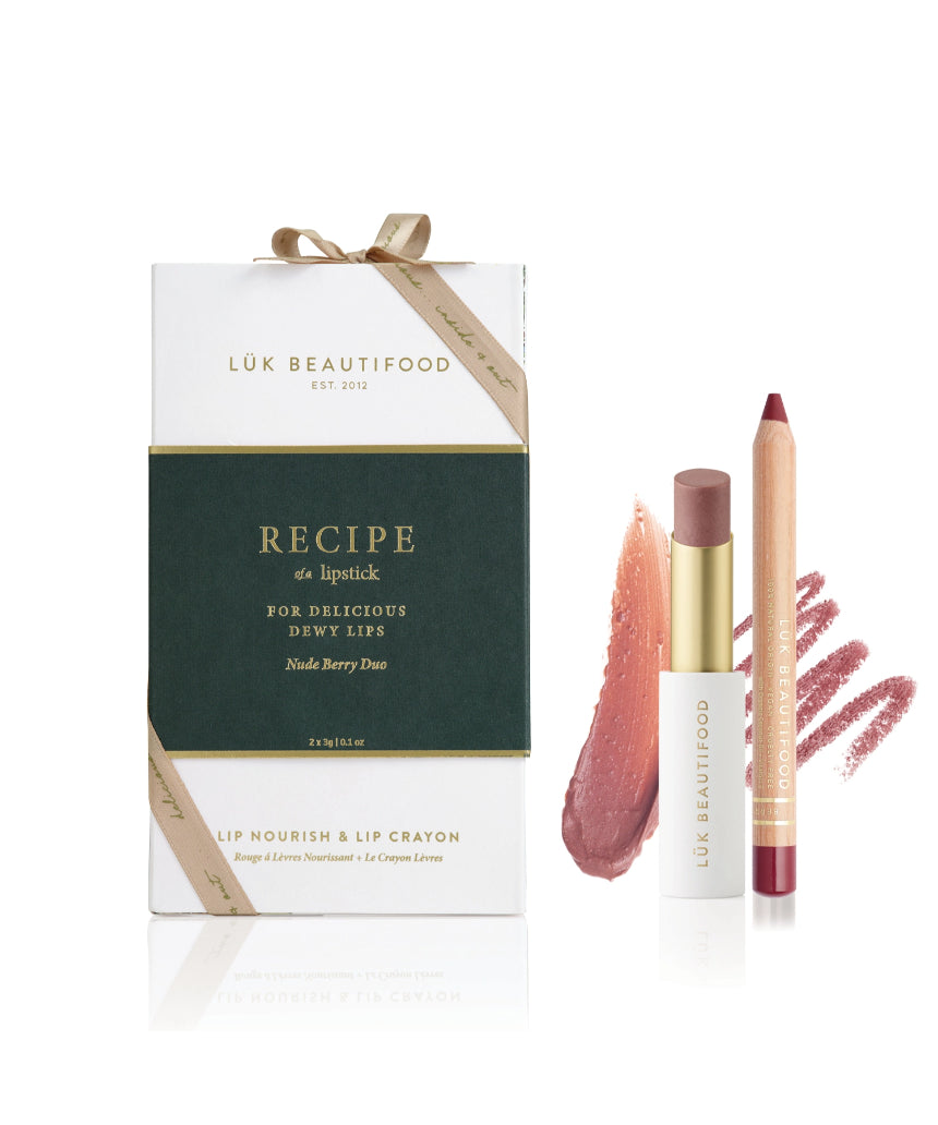 Lük Beautifood Nude Berry Duo lipstick set with two natural shades of lipstick in sleek packaging, perfect for a natural lip look.