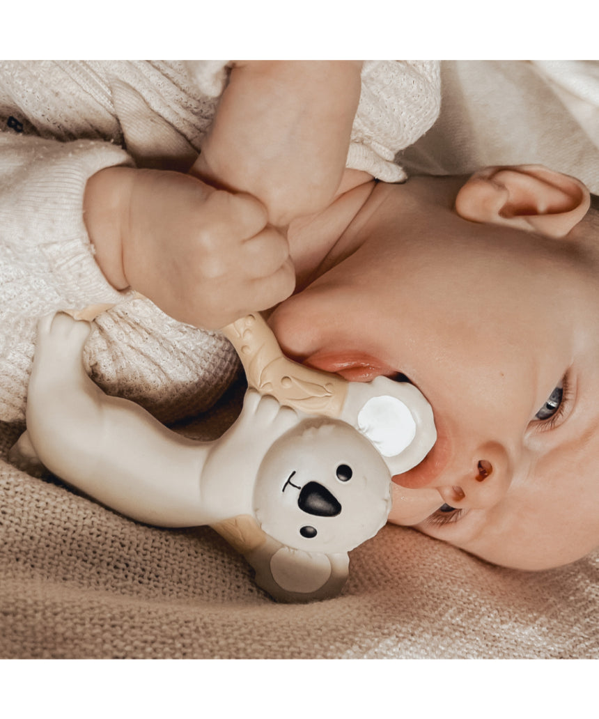 Winnie Parkes Banks the Koala teething ring with soft silicone and plush fabric, designed for babies to chew and soothe gums.