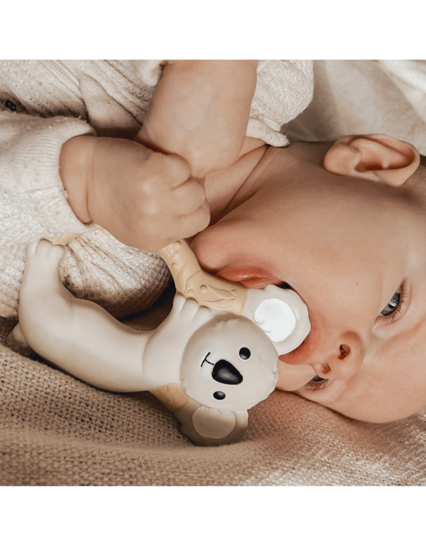 Winnie Parkes Banks the Koala teething ring with soft silicone and plush fabric, designed for babies to chew and soothe gums.