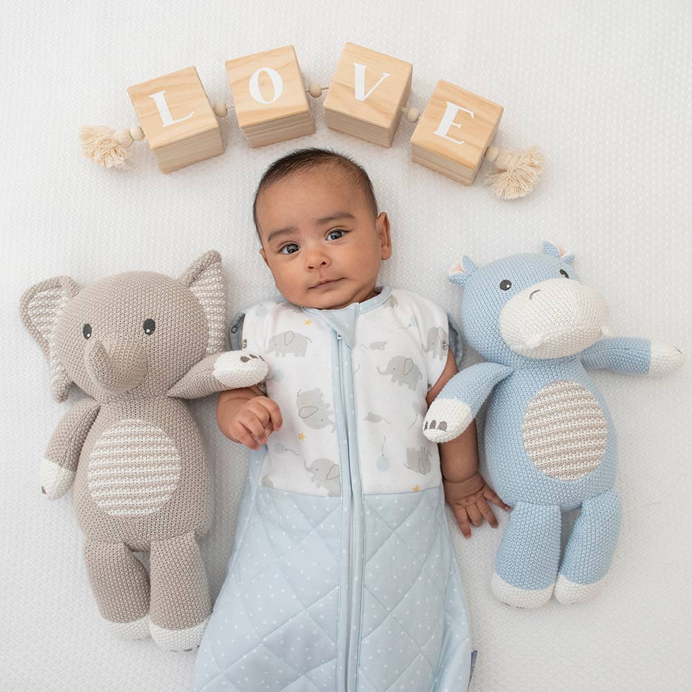 Living Textiles Mason the Elephant knitted toy, soft and plush, with detailed stitching and gentle colors suitable for children.