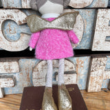 Amaranta Designs Bubblegum Doll with bright pink hair, colorful outfit, and playful expression, showcasing vibrant craftsmanship.