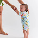 Kip & Co Reef Life short sleeve baby romper with colorful tropical print, comfortable and cute baby clothing.